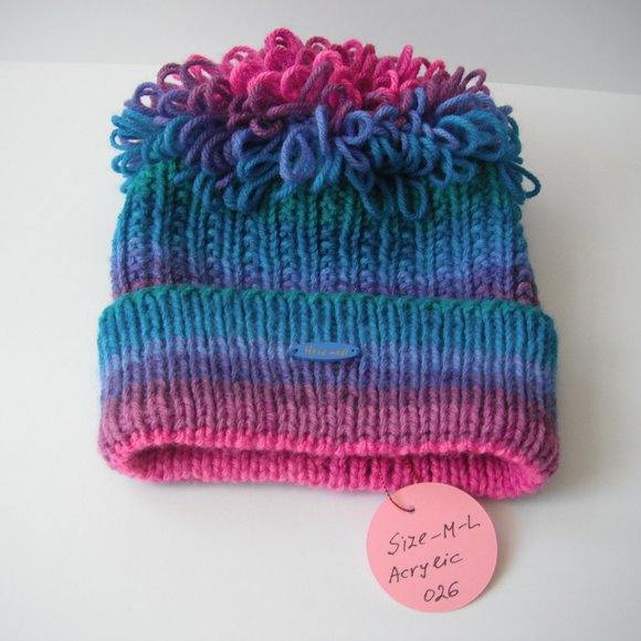 Hand Knitted Hat Toque Adult Size - L-M  Acrylic Pink/Blue-026B Hand knit by me - Picture 7 of 8